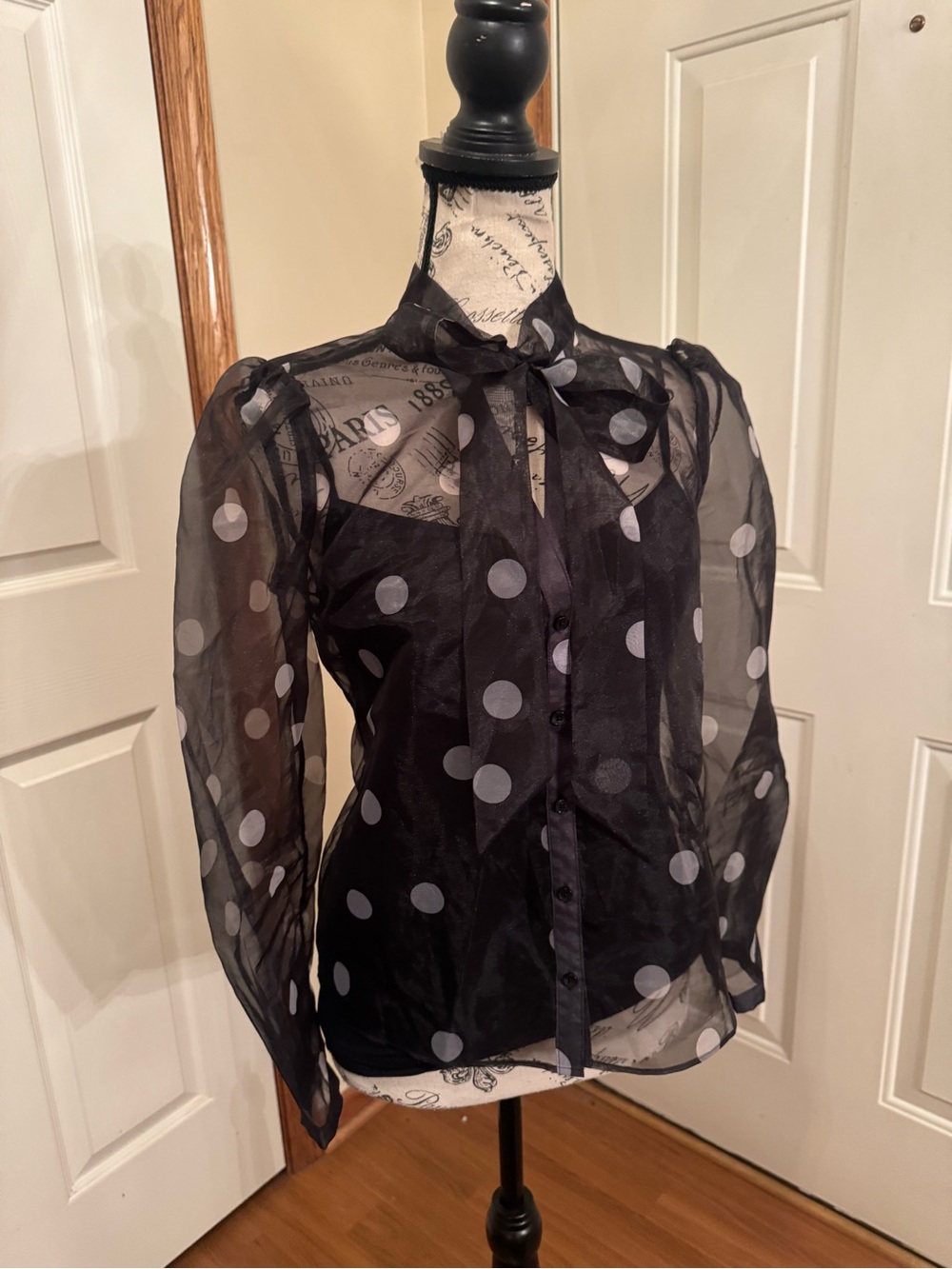 White House Black Market Black Sheer Polka Dot Tie-Neck Blouse